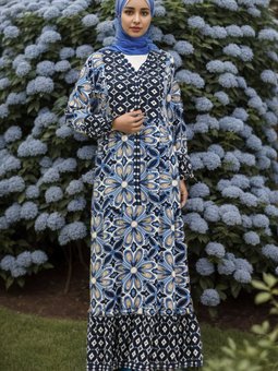 Lacivert Çiçek Desenli Viskon Elbise