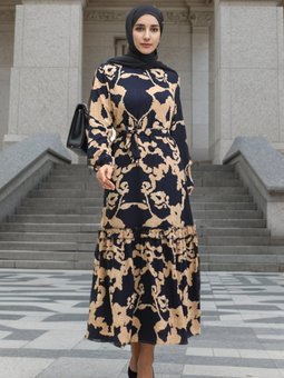 Lacivert Desenli Kuşaklı Viskon Elbise