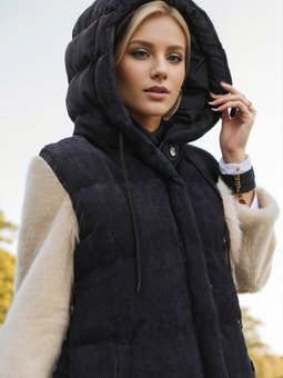 Lacivert Kapüşonlu Fitilli Kadife Yelek