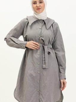 Lacivert Kuşaklı Keten Tunik