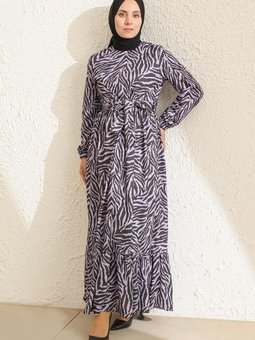 Lila Desenli Kuşaklı Elbise