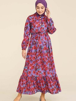 Mor Çiçek Desenli Büzgülü Elbise