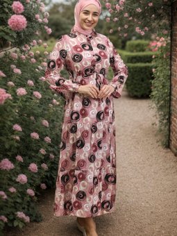 Pembe Yuvarlak Desenli Düğmeli Viskon Elbise