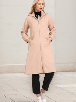 Pudra Kapüşonlu Fermuarlı Kap