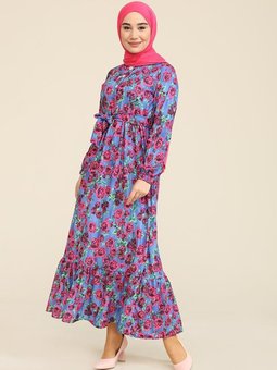 Saks Mavisi Çiçek Desenli Büzgülü Elbise