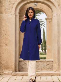 Saks Mavisi Kapüşonlu Fermuarlı Kap