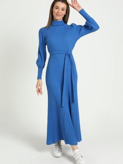 Saks Mavisi Kemerli Örme Kaşkorse Elbise