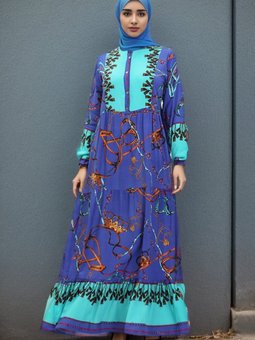 Saks Mavisi Mint Yeşili Desenli Viskon Elbise