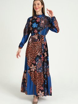 Saks Mavisi Papatya Desenli Kuşaklı Elbise