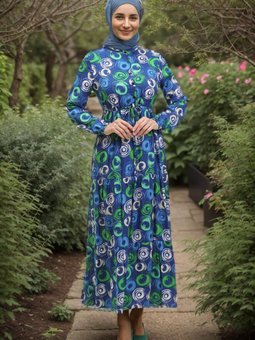 Saks Mavisi Yuvarlak Desenli Düğmeli Viskon Elbise