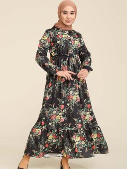 Siyah Çiçek Desenli Büzgülü Elbise
