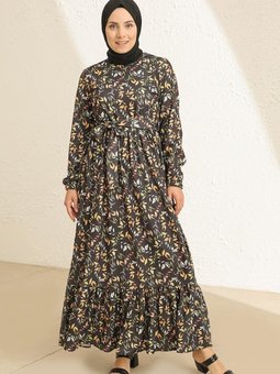 Siyah Çiçek Desenli Kuşaklı Elbise