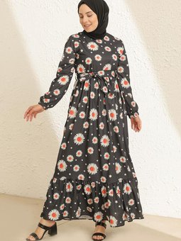 Siyah Çiçek Desenli Kuşaklı Elbise