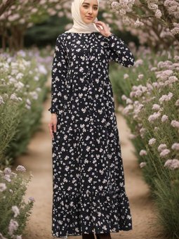 Siyah Çiçek Desenli Viskon Elbise