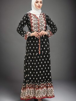 Siyah Geometrik Desenli Viskon Elbise