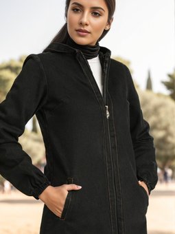 Siyah Kapüşonlu Fermuarlı Kot Kap