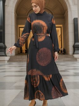 Siyah Kiremit Dijital Baskılı Elbise