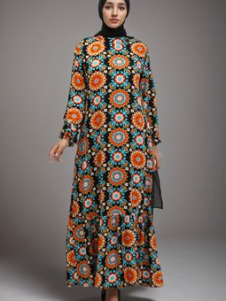 Siyah Kiremit Viskon Desenli Elbise