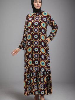 Siyah Mor Viskon Desenli Elbise