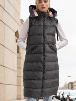 Siyah Pudra Fermuarlı Uzun Şişme Yelek