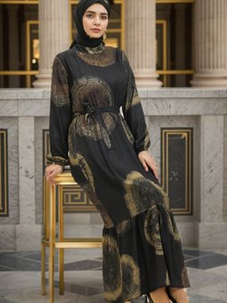 Siyah Sarı Dijital Baskılı Elbise
