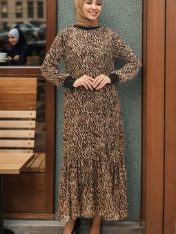 Siyah Vizon Desenli Vual Elbise