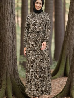 Siyah Vizon Leopar Desenli Viskon Elbise