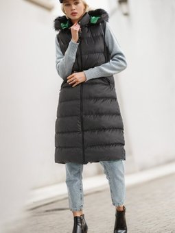 Siyah Yeşil Fermuarlı Uzun Şişme Yelek