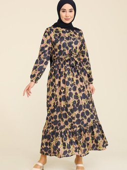 Vizon Çiçek Desenli Büzgülü Elbise