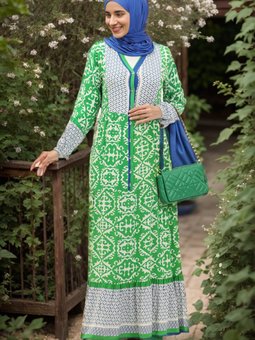 Yeşil Desenli Viskon Elbise