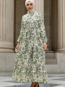 Yeşil Desenli Viskon Elbise