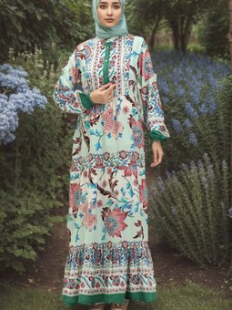 Yeşil Desenli Viskon Elbise