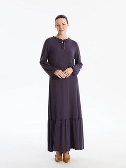 Lcw Grace Koyu Mor Bağlamalı Yaka Düz Uzun Kollu Elbise