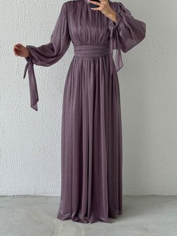 Koldan Detaylı Simli Abiye Elbise Lila