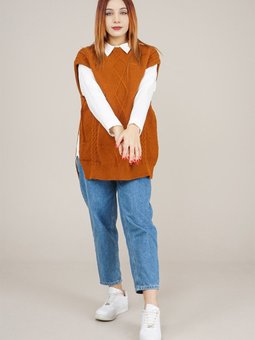 Baklava Desenli Ip Detaylı Triko Süveter Kahverengi