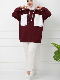 Bordo Çift Garnili Körük Cepli Tunik