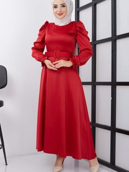 Kırmızı Özlem Saten Abiye Elbise