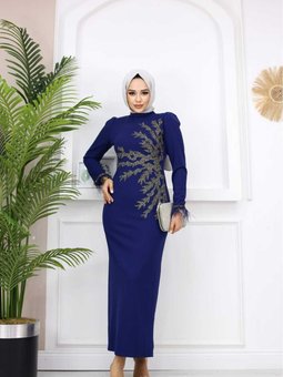 Lacivert Fadik Abiye Elbise