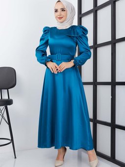 Mavi Özlem Saten Abiye Elbise