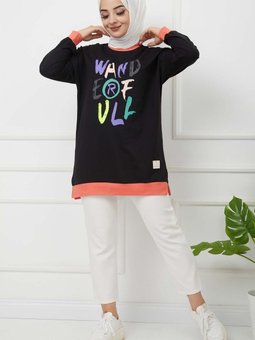 Siyah Baskılı Detaylı Tunik