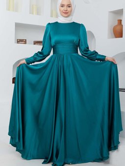 Yeşil Başak Saten Abiye Elbise