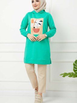 Yeşil Baskı Detaylı Kapüşonlu Tunik