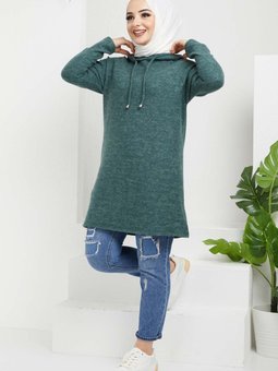 Yeşil Kapüşonlu Sade Tunik