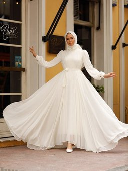 Venus Kuyruklu Şifon Astarlı Elbise/ Düğün Nikah Özel Gün Abiye Elbisesi