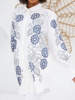 Gömlek Pamuk Keten Kumaş Ön Ve Kollar Pul Palet Nakış İşlemeli Ovursize Kalıp