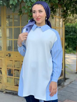 Açık Mavi Önü Örme Kumaş Poplin Tunik