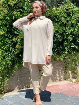 Bej Yarı Fermuarlı Tunik