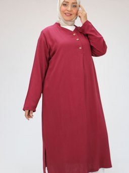 Bordo Büyük Beden Dikişten Cepli Dokuma Viskon Tunik