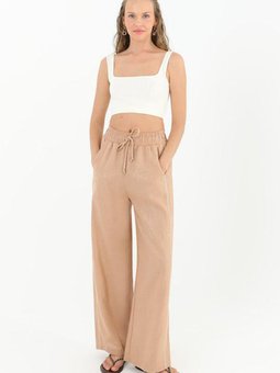 Camel Parlak Keten Bol Paça Pantolon