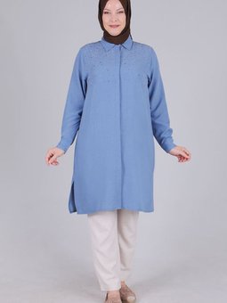 Gök Mavi Büyük Beden Taşlı Tunik